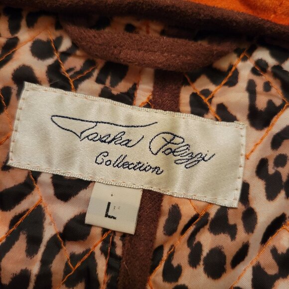 Tasha Polizzi Orange Quilted Coat L Leopard Print Lining Brown Tweed Trim Patche - Picture 4 of 10